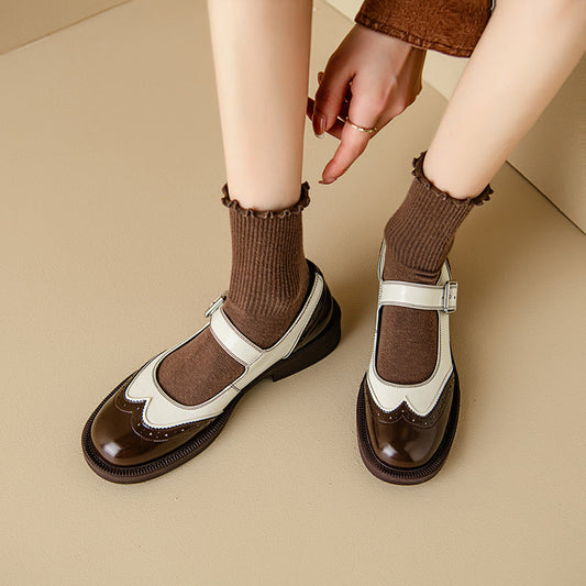 Women's Leather Mary Jane Shoes Low Heel Two-Tone - Fashinoza