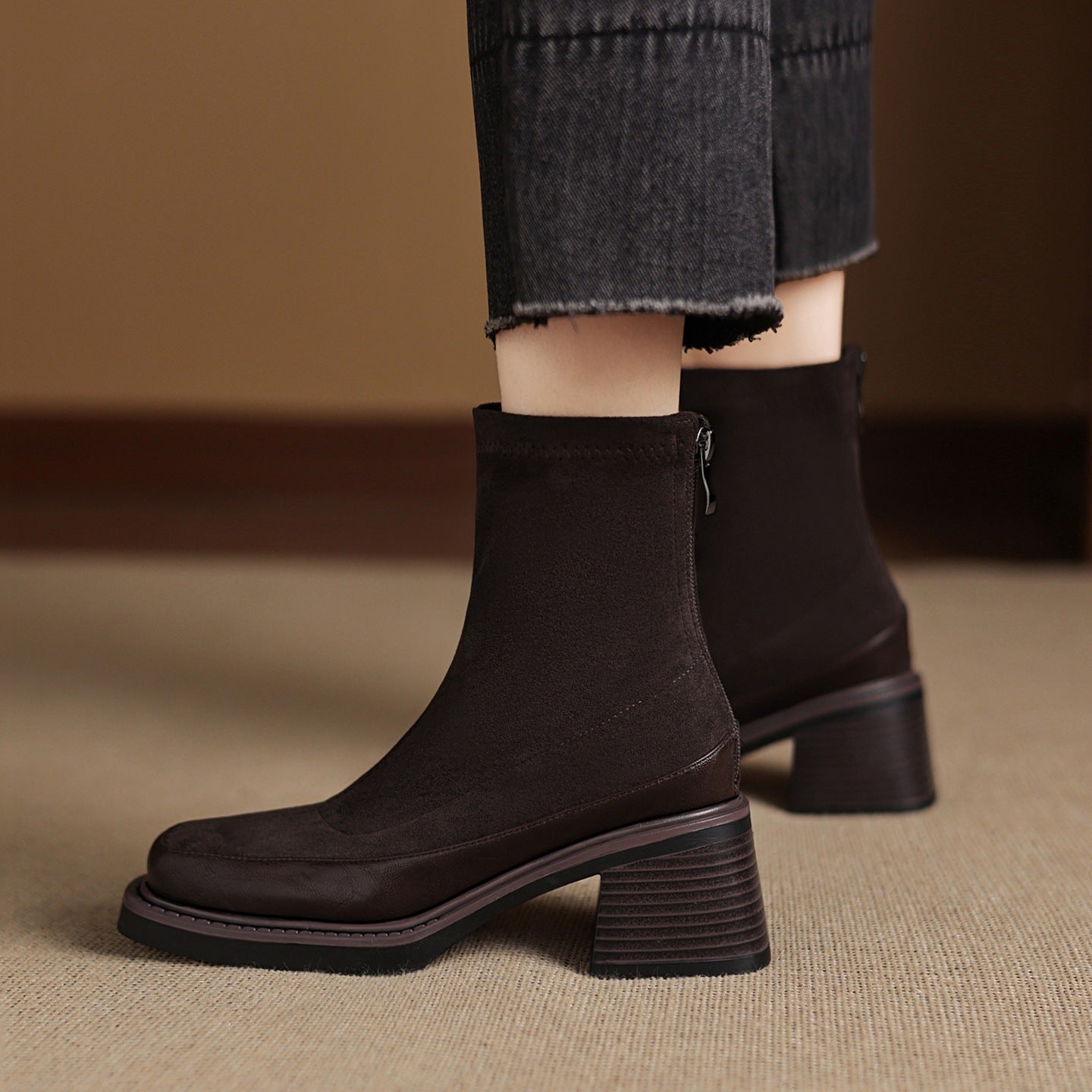 Women's Suede Mid Heel Boots - 
Fashinoza