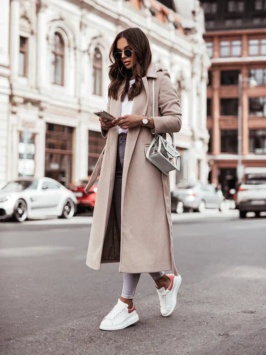 Women's Long Wool Coat Belted Design Winter - Fashinoza