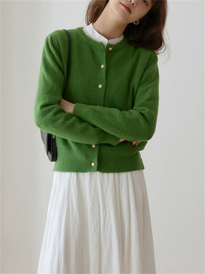 Women's Knitted Cardigan Retro Round Neck Small Gold Button