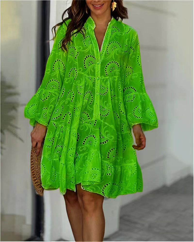 Women's Eyelet Mini Dress Bell Sleeves
