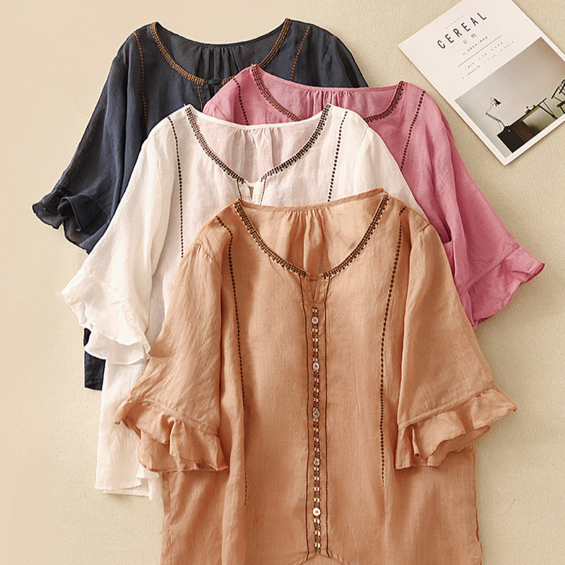 Women's Ruffle Sleeve Blouse Button Front