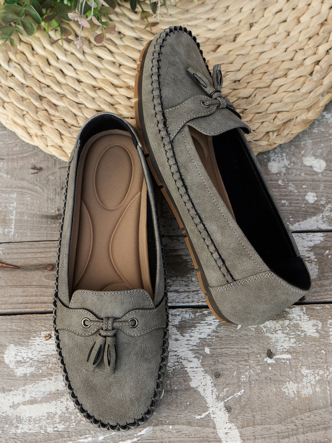 Women's Slip-On Loafers Leather Detail Brown