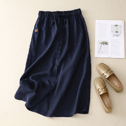 Women's Linen Midi Skirt Button Front Pockets Beige