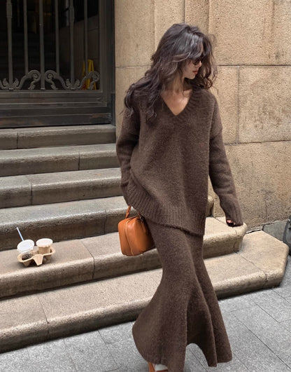 Women's Knit Sweater And Midi Skirt Set - 
Fashinoza