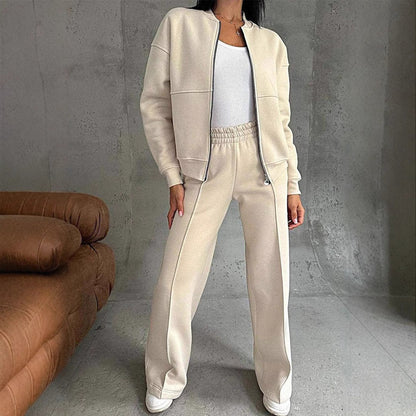 Women's Zipper Jacket And Wide Leg Pants Set - 
Fashinoza