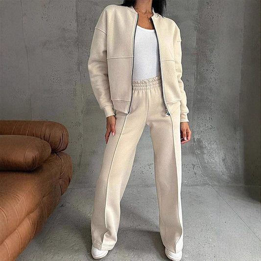 Women's Zipper Jacket And Wide Leg Pants Set - 
Fashinoza