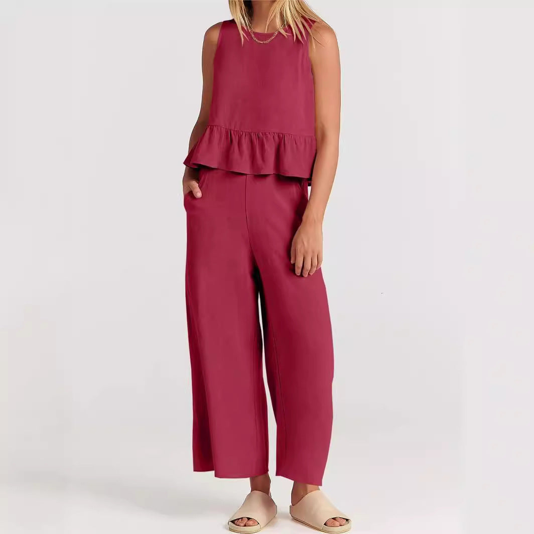 Women's Linen Peplum And Wide Leg Pants Set