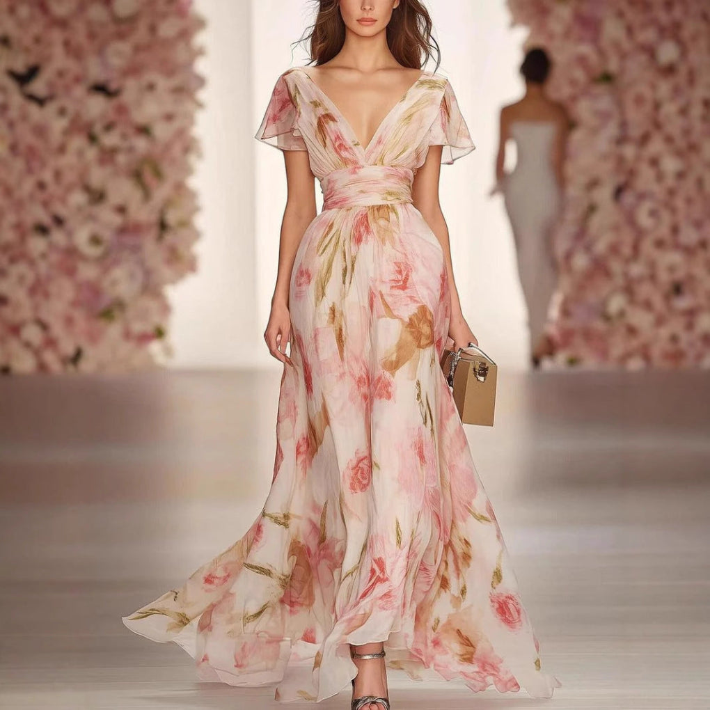 Women's Fit and Flare Maxi Dress Flutter Sleeve - Fashinoza