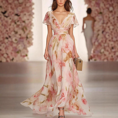 Women's Fit and Flare Maxi Dress Flutter Sleeve - Fashinoza