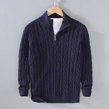 Men's Cable Knit Jumper Half-Zip Textured Cream
