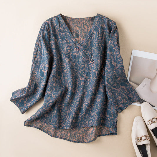 Women's Printed V-Neck Blouse - Fashinoza