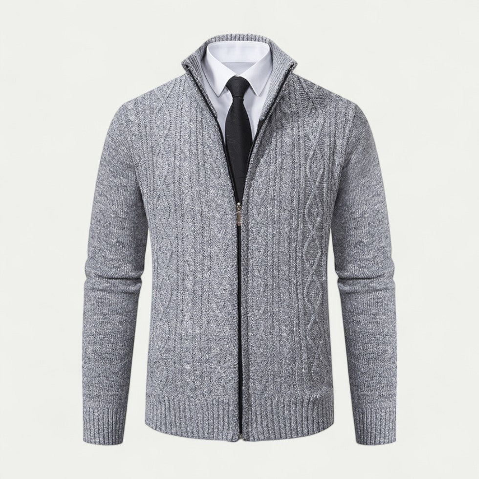 Men's Cable-Knit Zip-Up Cardigan Ribbed Hem - Fashinoza