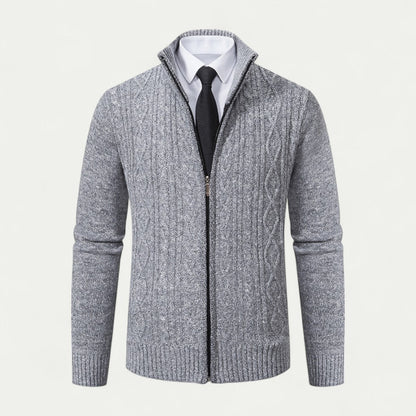 Men's Cable-Knit Zip-Up Cardigan Ribbed Hem - Fashinoza