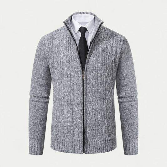 Men's Cable-Knit Zip-Up Cardigan Ribbed Hem - Fashinoza