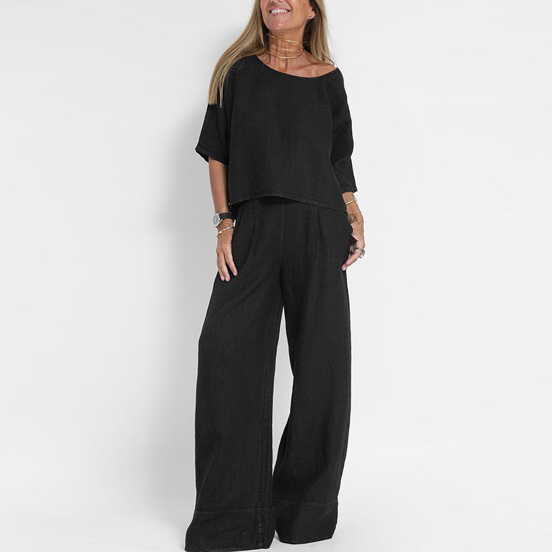 Women's Short Sleeve And Wide Leg Pants Set