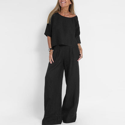 Women's Short Sleeve And Wide Leg Pants Set
