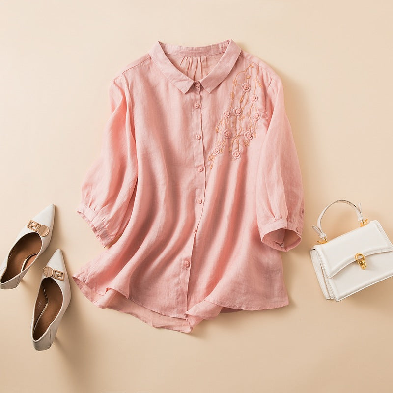 Women's Embroidered Linen Blouse Curved Hem