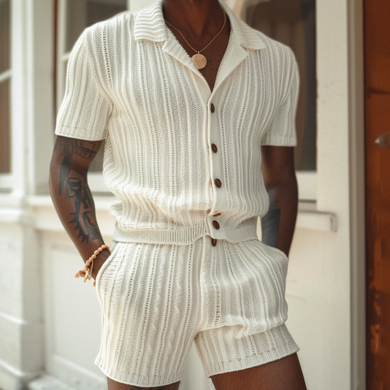 Men's Breathable Knit Shirt And Shorts Set Slim Fit Ribbed Texture - 
Fashinoza