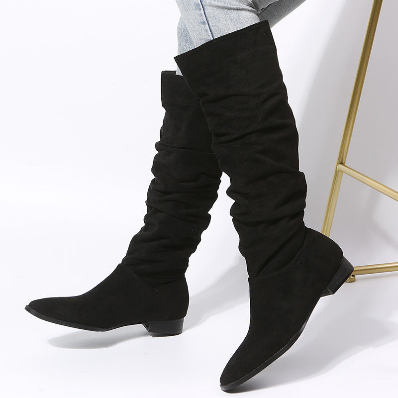 Women's Knee High Boots Pointed Toe Flat Sole - Fashinoza