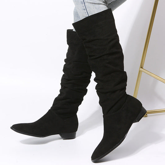 Women's Knee High Boots Pointed Toe Flat Sole - Fashinoza