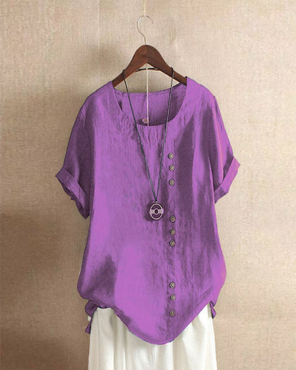 Women's Short Sleeve Blouse Cotton Button Front Rolled Cuffs
