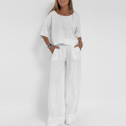 Women's Short Sleeve And Wide Leg Pants Set