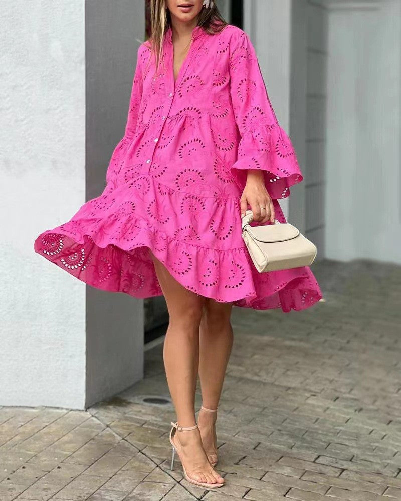 Women's Eyelet Mini Dress Bell Sleeves - 
Fashinoza