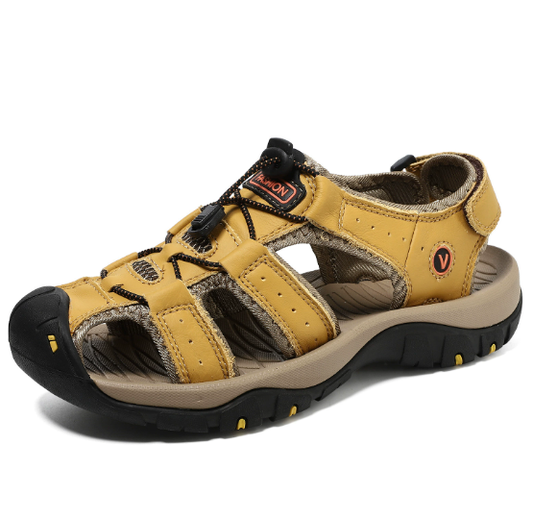 Men's Genuine Leather Sandals Outdoor Roman Beach Shoes with Closed Toe Protection