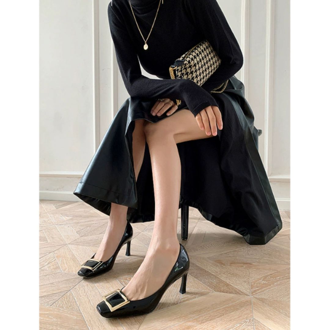 Women's Square Toe Heels Closed Front Buckle