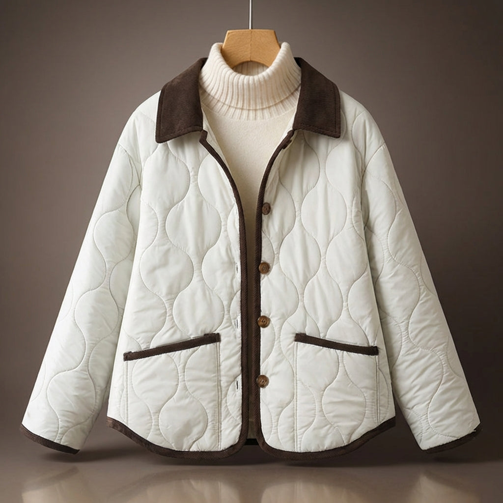 Quilted Jacket Corduroy Collar Button Front - 
Fashinoza