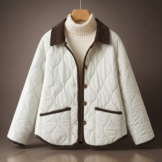 Quilted Jacket Corduroy Collar Button Front - 
Fashinoza