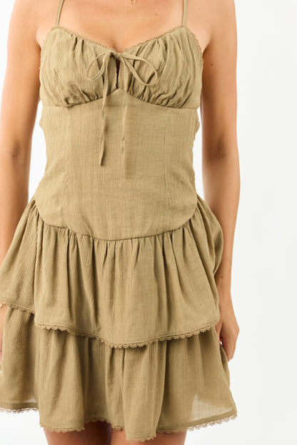 Women's Ruched Mini Dress Tiered Back Cut-Out Olive Green