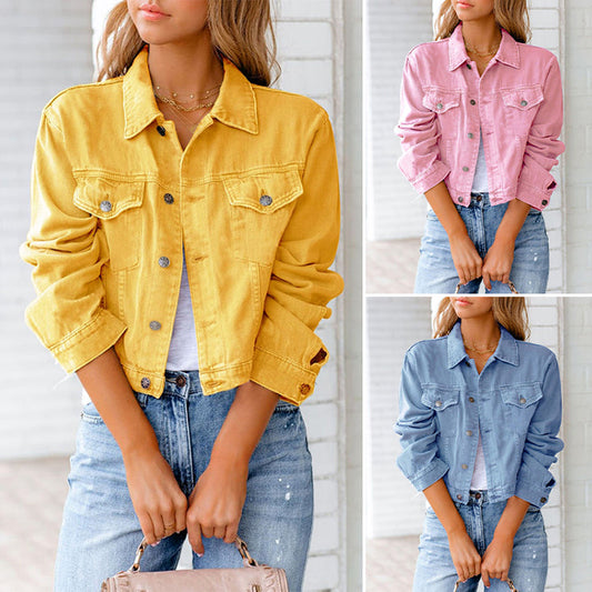 Women's Cropped Denim Jacket Casual Blue - Fashinoza