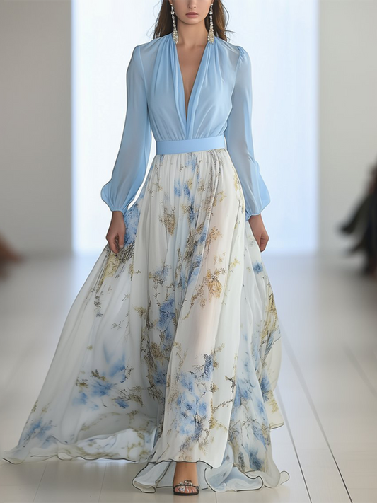 Women's Floral Maxi Dress Long Sleeve V-Neck - 
Fashinoza