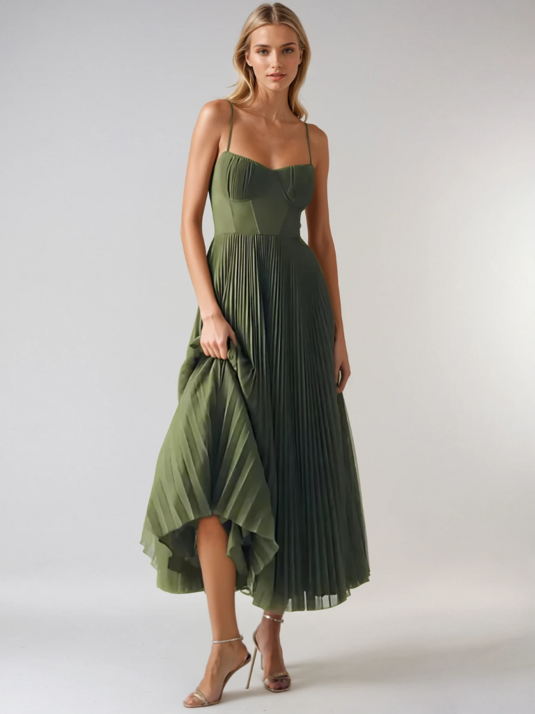 Women's Pleated Maxi Dress Strappy Skirt