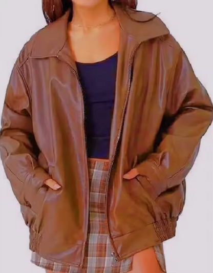 Women's Leather Zip Up Jacket High Collar Relaxed Fit Black