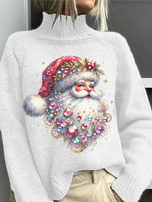 Women's Christmas Sweater Sparkling Santa Design - Fashinoza