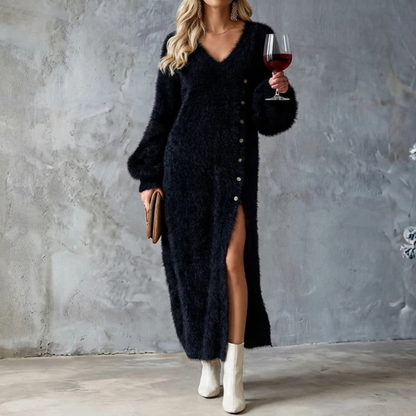 Fuzzy Button-Detail Maxi Dress