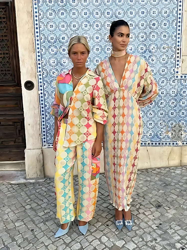 Women's Geometric Print Shirt And Pants Set