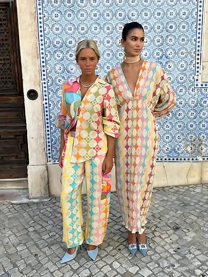 Women's Geometric Print Shirt And Pants Set