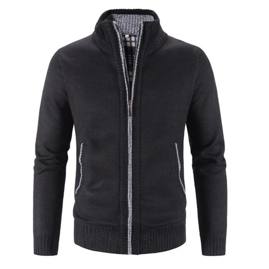 Men's Zip-Up Cardigan Mock Neck Contrast Trim Beige - Fashinoza