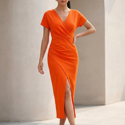 Women's Midi Wrap Dress Ruched Waist V-Neck