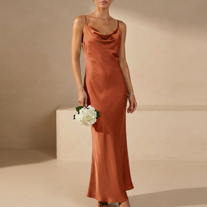 Women's Satin Maxi Dress Cowl Neck Spaghetti Straps Evening Black