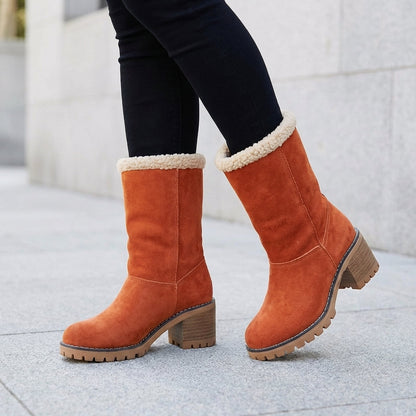 Women's Fur Lined Mid Calf Boots Lug Sole Block Heel - 
Fashinoza