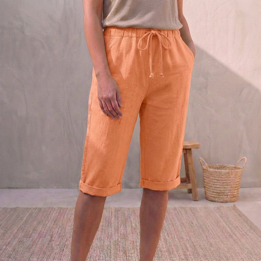 Linen Capri Pants Relaxed Fit Drawstring Waist Cuffed Hem