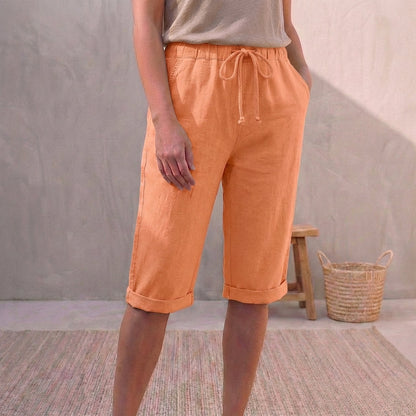 Linen Capri Pants Relaxed Fit Drawstring Waist Cuffed Hem