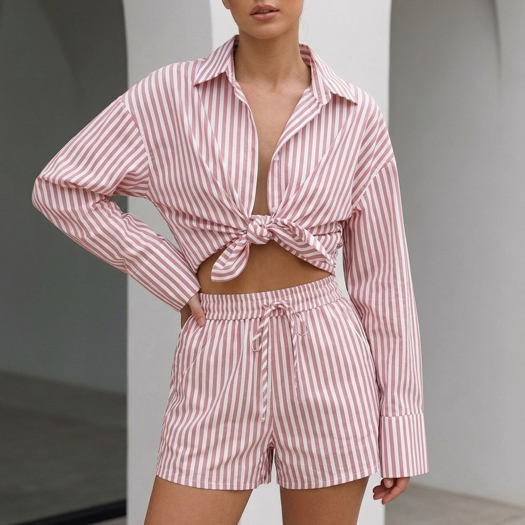 Women's Oversized Collared Shirt And Shorts Set