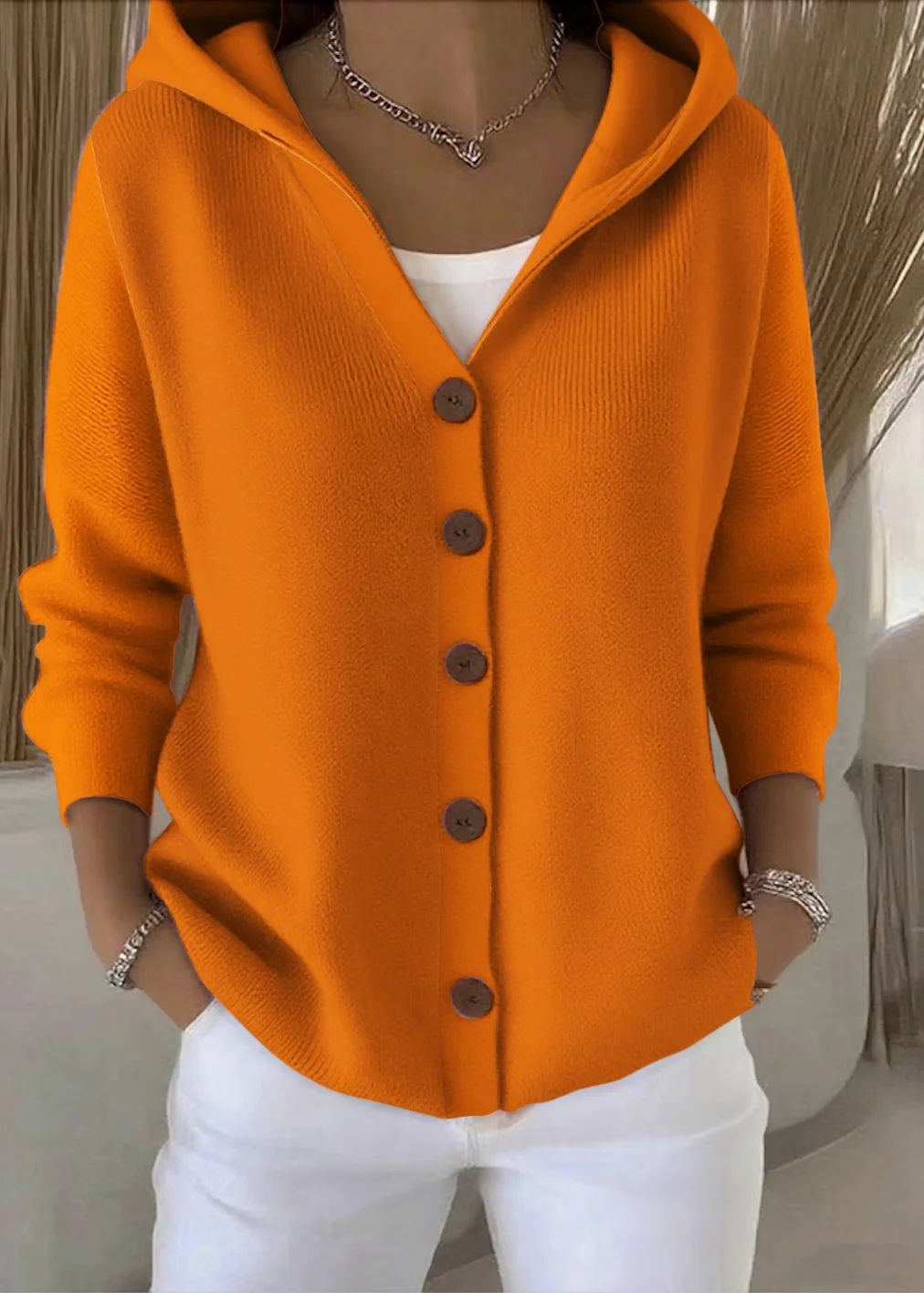 Button-Up Hooded Knit Cardigan
