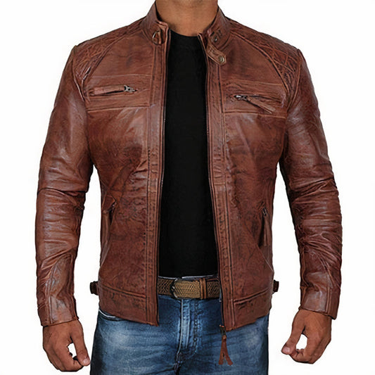 Men's Leather Motorcycle Jacket Zipper Pockets - Fashinoza